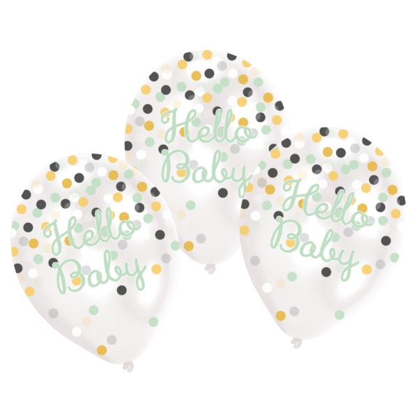 Levně Balónky latexové průhledné s konfetami "Hello Baby" 6 ks 27,5 cm