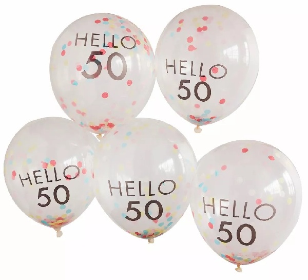 Levně Balónky latexové transparentní Hello 50 s konfetami 30 cm 5 ks