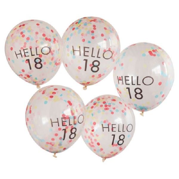 Levně Balónky průhledné 30 cm s konfetami Hello 18 s konfetami 5 ks