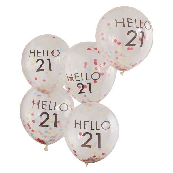 Balónky průhledné 30 cm s konfetami Hello 21 5 ks