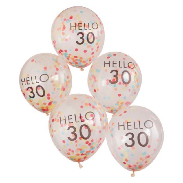 Levně Balónky latexové transparentní Hello 30 s konfetami 30 cm 5 ks