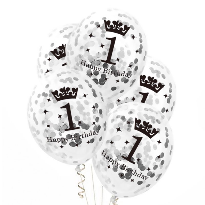 Balónky průhledné 30 cm s konfetami 1. narozeniny stříbrné 1 ks