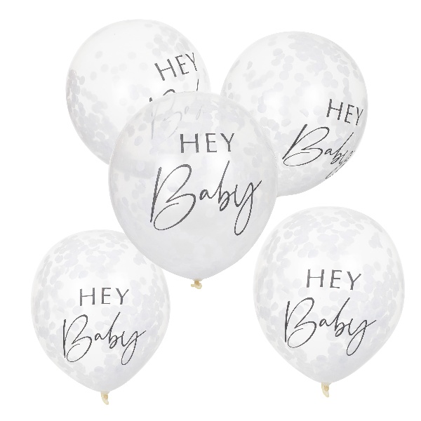 Balónky průhledné 30 cm s konfetami Hey Baby 5 ks
