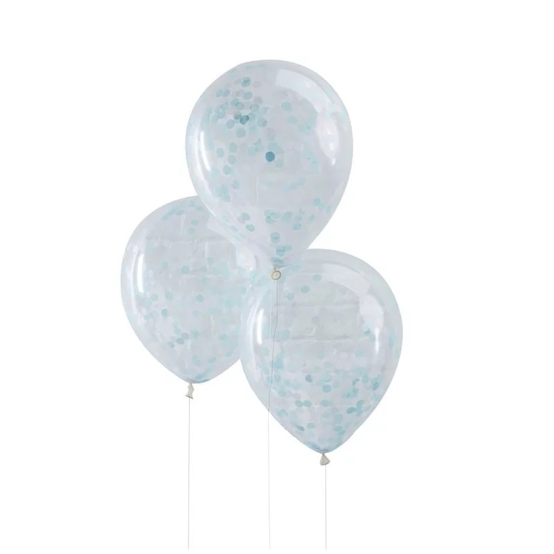 Levně Balónky průhledné s modrými konfetami 5 ks