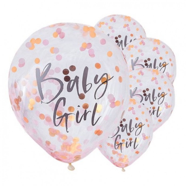 Levně Balónky s konfetami Baby Girl růžové 5 ks 30 cm
