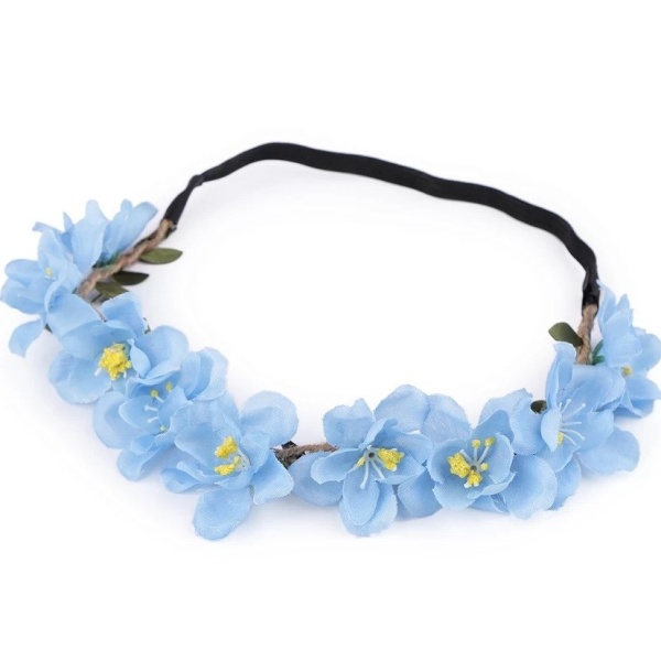Květinová čelenka do vlasů pružná s květy modrá