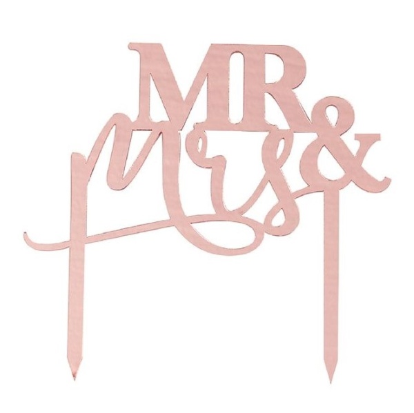 Levně Dekorace na dort Mr&Mrs akrylová Rose Gold 15 x 16 cm