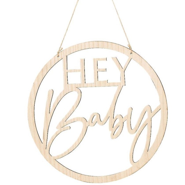 Baby shower Hey baby -  Dekorační kruh závěsný dřevěný  36 cm