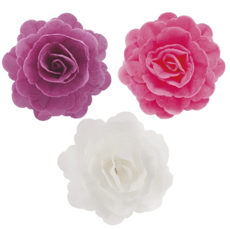 Dekorace na dort z jedlého papíru Růže bílá/růžová/fialová 7 cm 15 ks