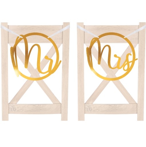 Levně Dekorace na židle Mr a Mrs papírová, zlatá 28 x 30 cm