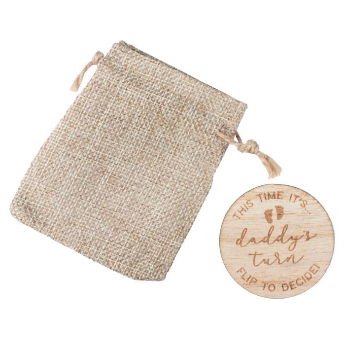 Dřevěný žeton v jutovém sáčku Péče o miminko, kdo je na řadě?