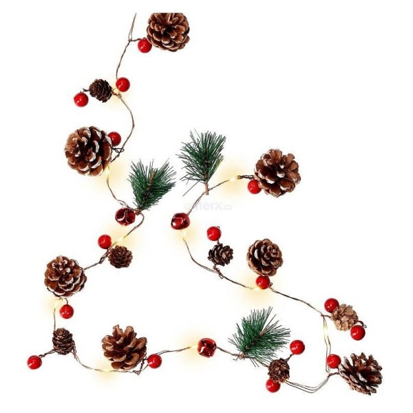 Levně Girlanda vánoční s LED světýlky šišky/větvičky/červené kuličky 220 cm