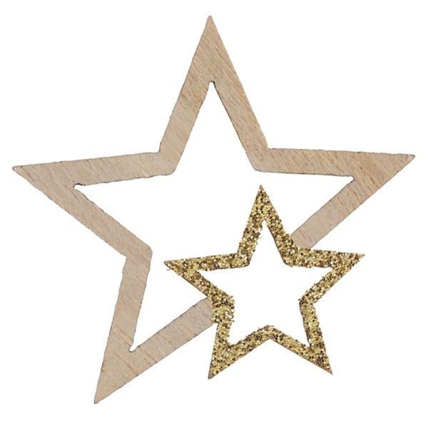 KONFETY hvězdy dřevěné s glitry zlaté 3,5x4cm 12ks