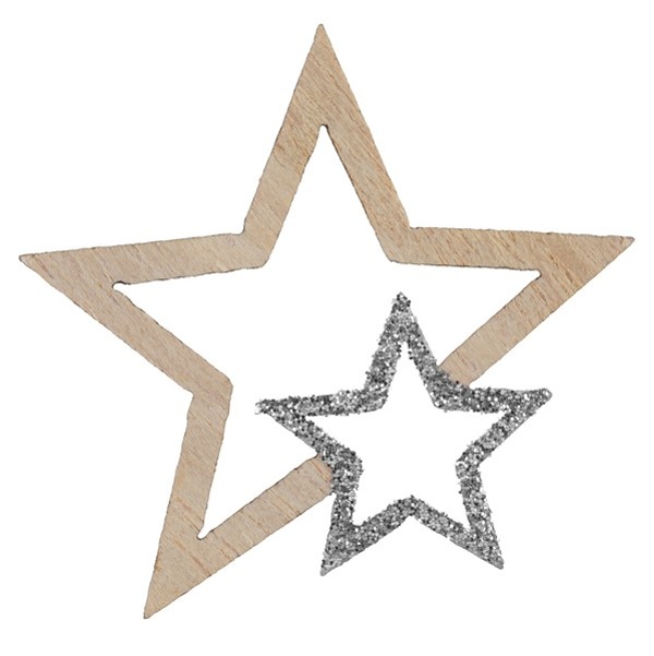 Konfety hvězdy dřevěné stříbrné s glitry 3,5x4cm 12ks