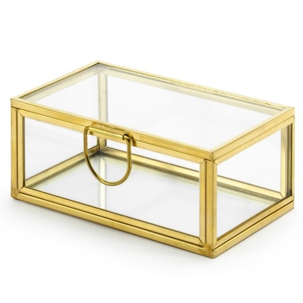 Levně Krabička na prstýnky skleněná se zlatým rámem 9 x 5.5 x 4cm