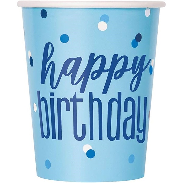 Levně Kelímky papírové Happy Birthday modré s puntíky 270 ml 8 ks