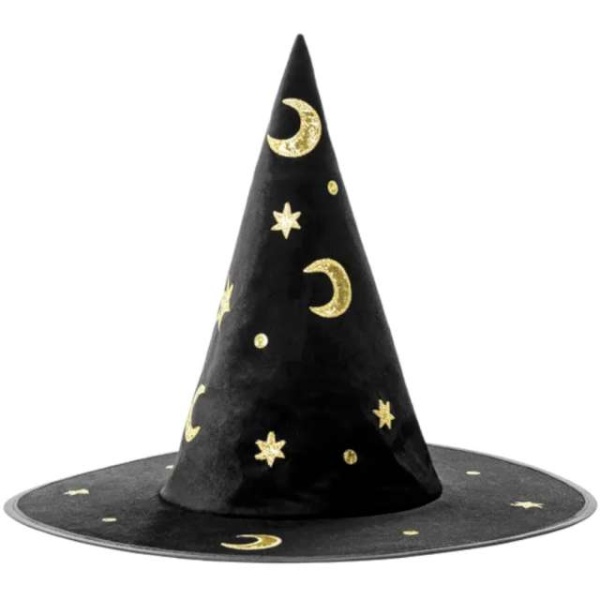 Halloween - Klobouk Čarodějnický, černý se zlatými nášivkami