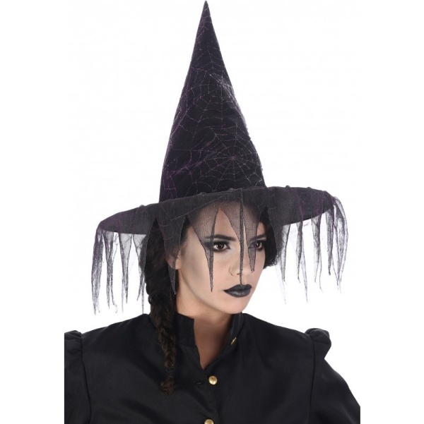Čarodějnický klobouk černo-fialový s pavučinkami