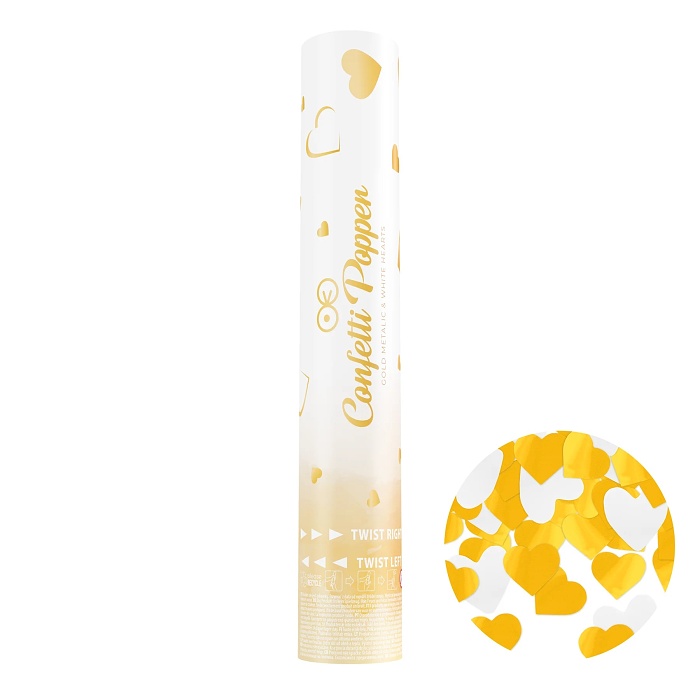 Konfety vyst�elovac�  - b�l� a metalick� zlat� ve tvaru srdce, 30 cm