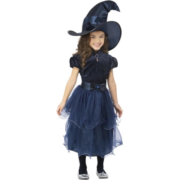 Levně Kostým dětský Čarodějka tmavě modrý s kloboukem vel. M (7-9 let)