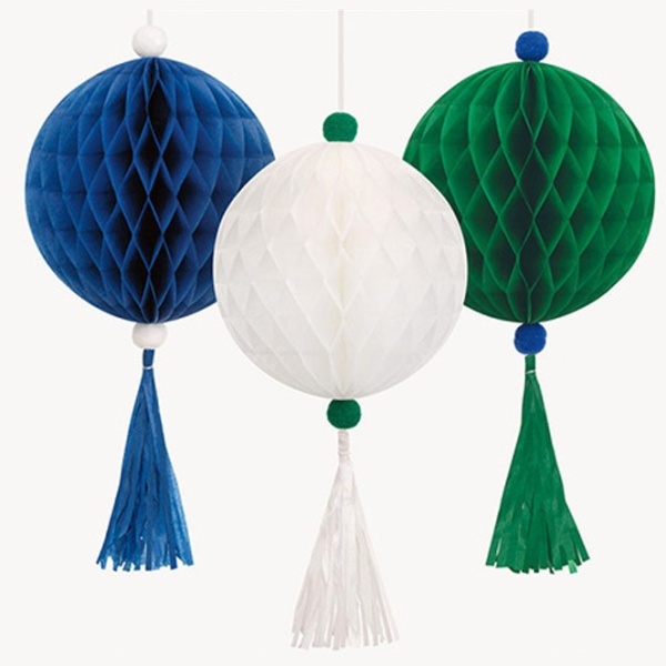 Koule dekorační se střapcem bílá/modrá/zelená 40,60 cm 3 ks