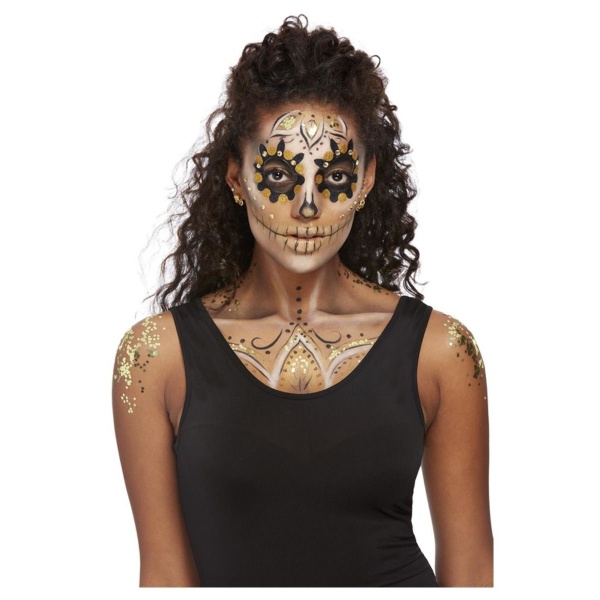 Levně Halloween Dia de los Muertos - Make-up set Den mrtvých zlatý se třpytkami