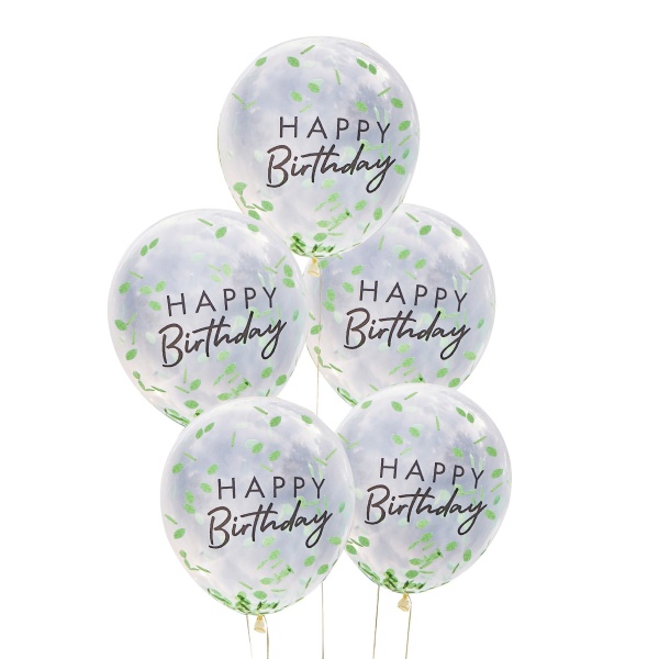 Balónky průhledné 30 cm se zelenými konfetkami 5 ks