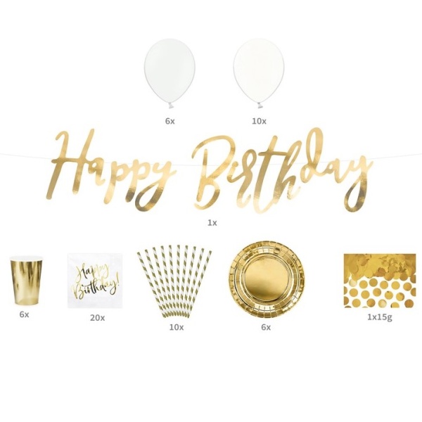 Narozeninový party set - Happy Birthday zlatá 60 ks