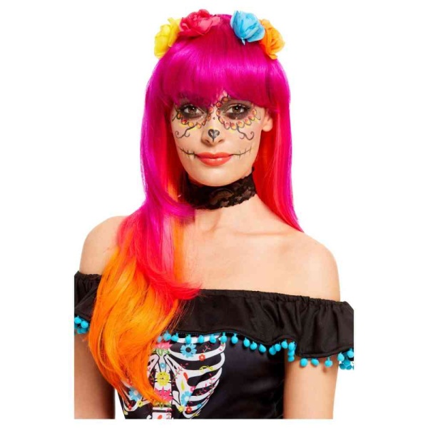 Halloween Dia de los Muertos - Paruka růžovo-oranžová s květy