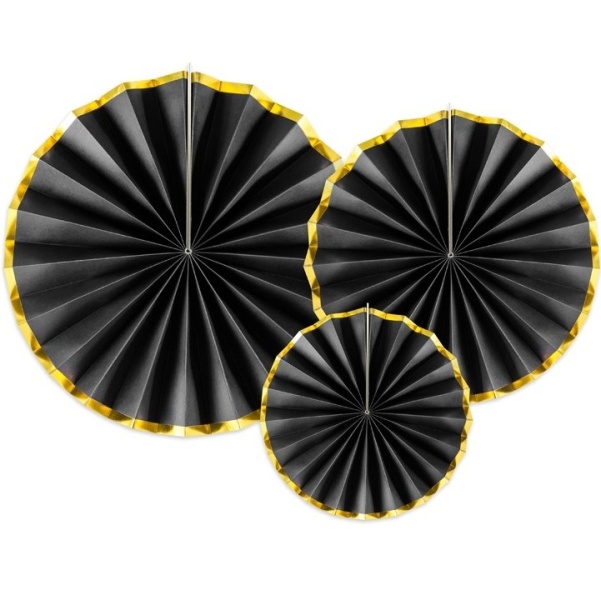 Rozety závěsná dekorace - černé se zlatými okraji 3 ks
