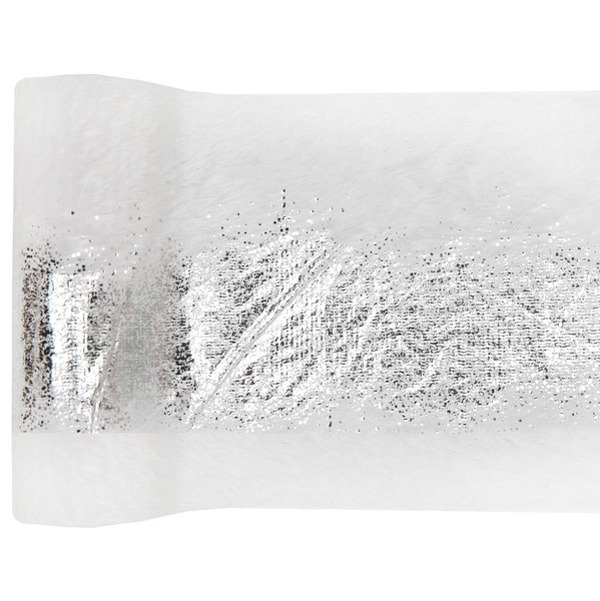 Šerpa stolová bílá kožešina se stříbrným dekorem 14cm x 3m