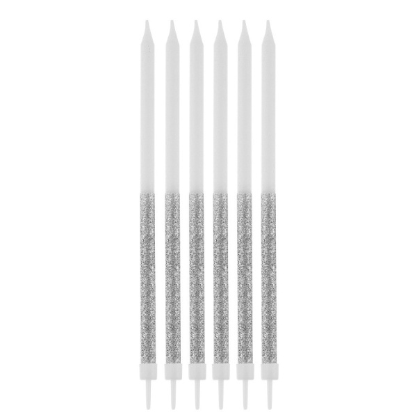 SVÍČKY dortové glitrové bílo-stříbrné 14,5cm, 16ks