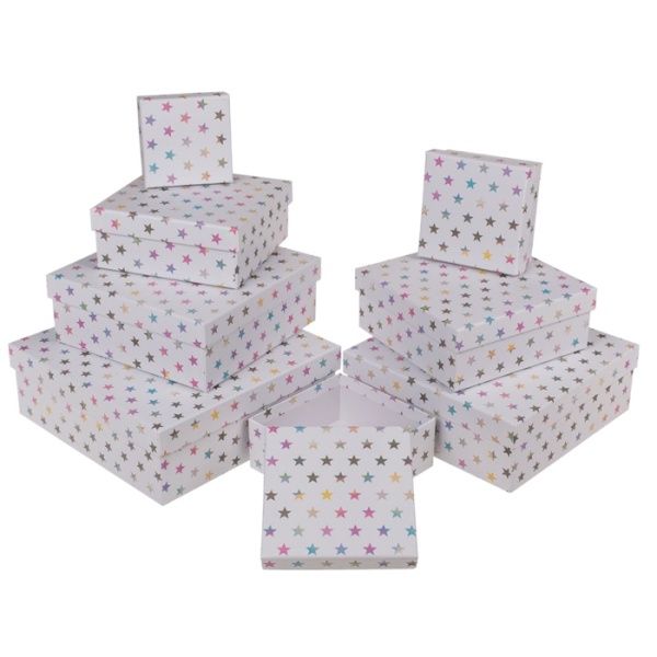Set dárkových boxů bílá s holografickými hvězdičkami 22,5 x 22,5 x 8 cm 8 ks