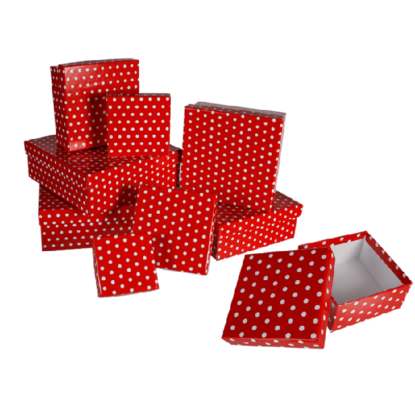 Set dárkových boxů červená s puntíky 22,5 x 22,5 x 8 cm 8 ks