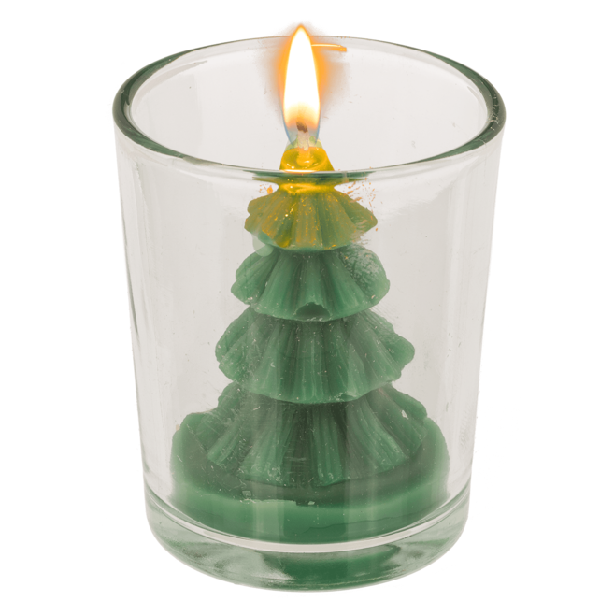 Levně Svícen se svíčkou Vánoční stromeček zelený 6 x 7 cm