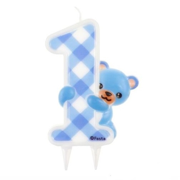 Svíčka 1. narozeniny s medvídkem modrá 10 cm