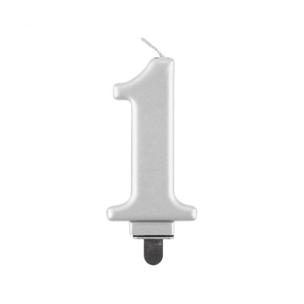 Svíčka číslice 1 metalická stříbrná 8 cm