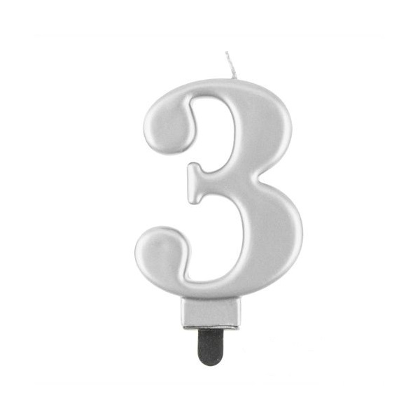 Levně Svíčka číslice 3 metalická stříbrná 8 cm