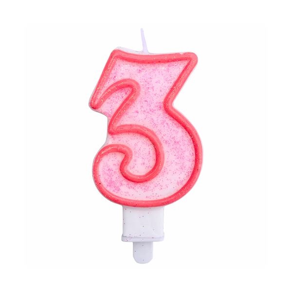 Svíčka číslo 3 růžový obrys s glitry 8 cm