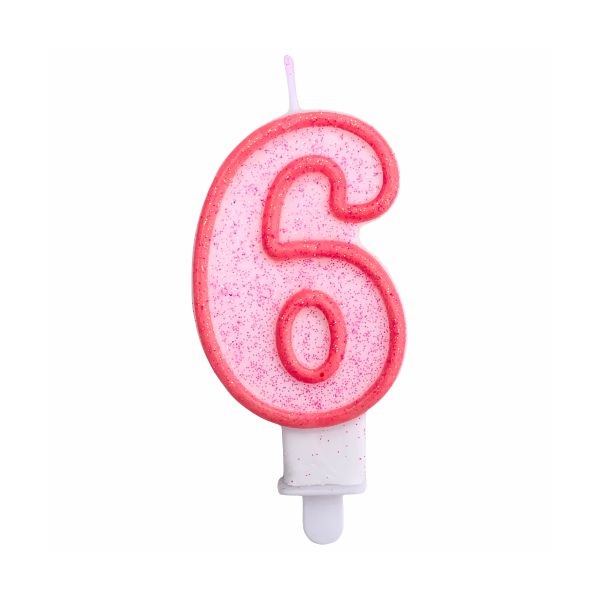 Svíčka číslo 6 růžový obrys s glitry 8 cm