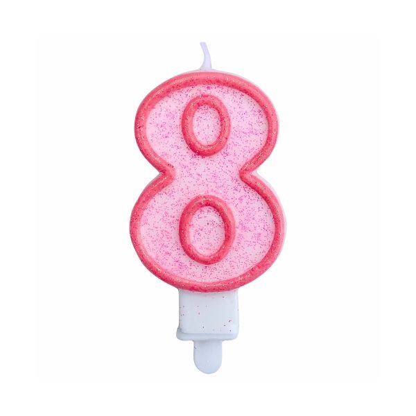 Svíčka číslo 8 růžový obrys s glitry 8 cm