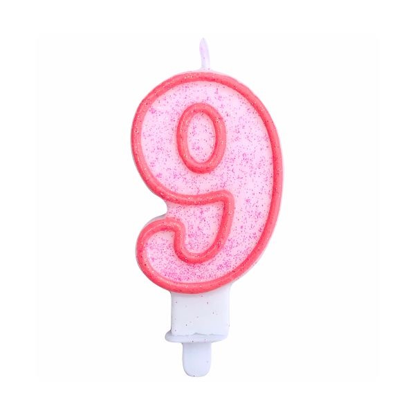 Svíčka číslo 9 růžový obrys s glitry 8 cm