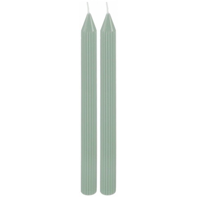 Svíčka vysoká úzká žebrovaná šalvějově zelená 25 cm 2 ks