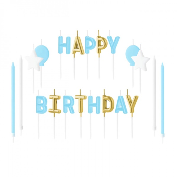 Svíčky dortové Happy Birthday písmena modrá/zlatá