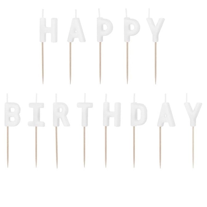 Svíčky dortové nápis Happy Birthday bílé 2,5 cm