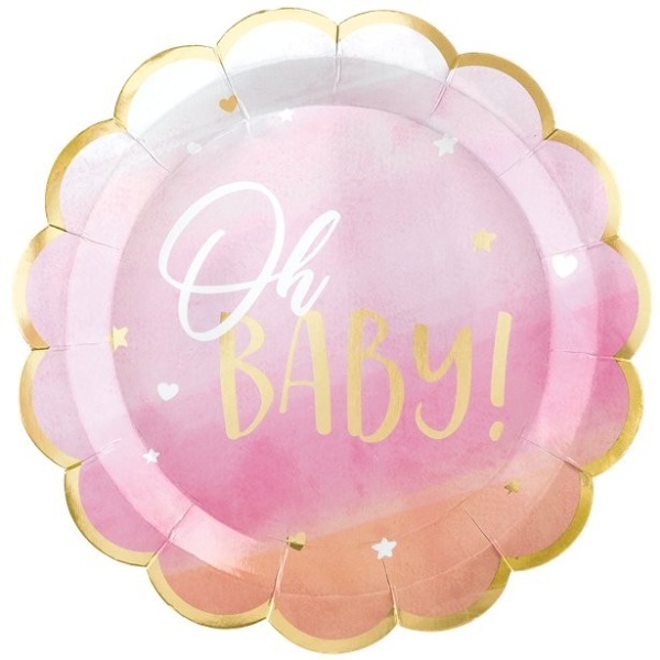Baby shower Oh Baby Girl  Talíře metalické růžové 26,6 cm 8 ks