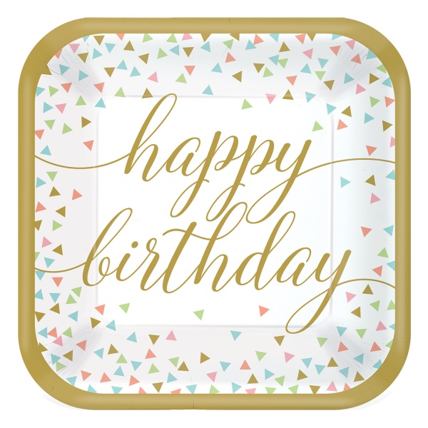 Happy Birthday Fun Confetti - Talíře papírové čtvercové 23 cm 18ks