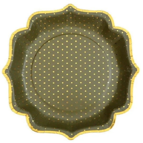 Levně Talíře papírové olivové se zlatým okrajem a puntíky 21 cm 10 ks