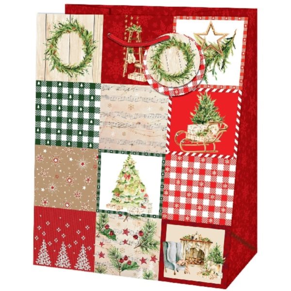 Taška dárková Jumbo Vánoční patchwork červená/zelená 44,5 x 33 x 13,7 cm