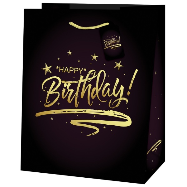 Taška dárková Maxi černo-zlatá Happy Birthday 26,7 x 33 x 13,7 cm